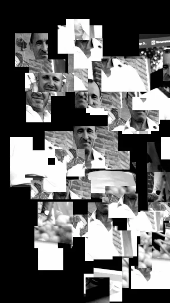 Fragmented black-and-white portrait of a man in a white shirt at Noche del Vino